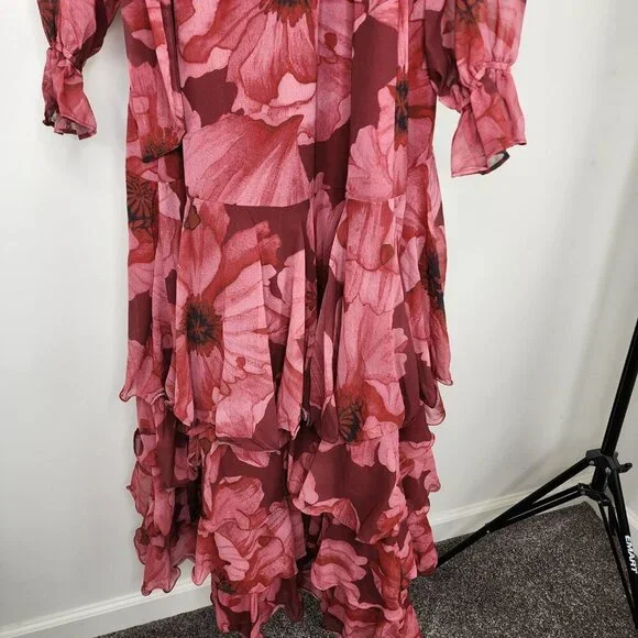 NEW Hutch Kya Long-Sleeve V-Neck Printed Tiered Wrap Maxi Dress Red Small